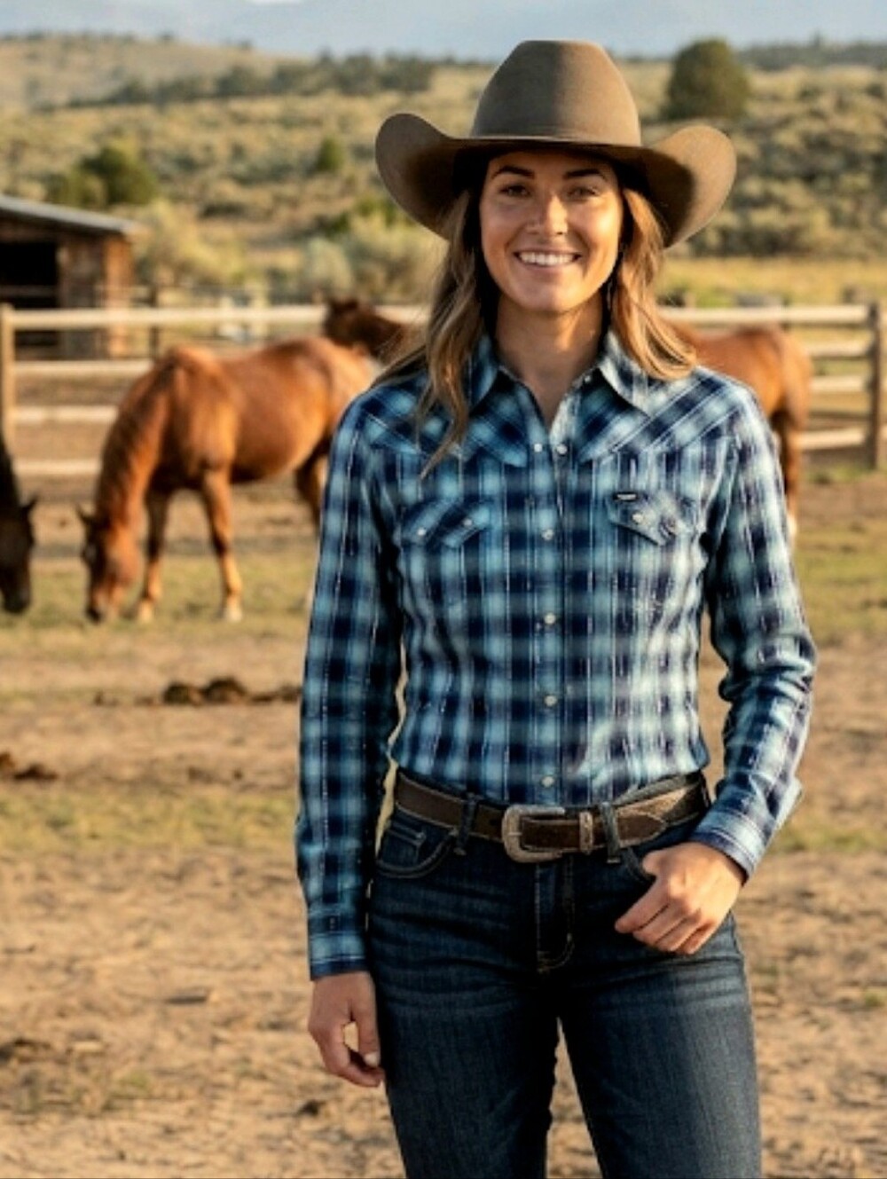 Wrangler Vintage Blue Plaid Pearl Snap Western Shirt Long Sleeve Size SP